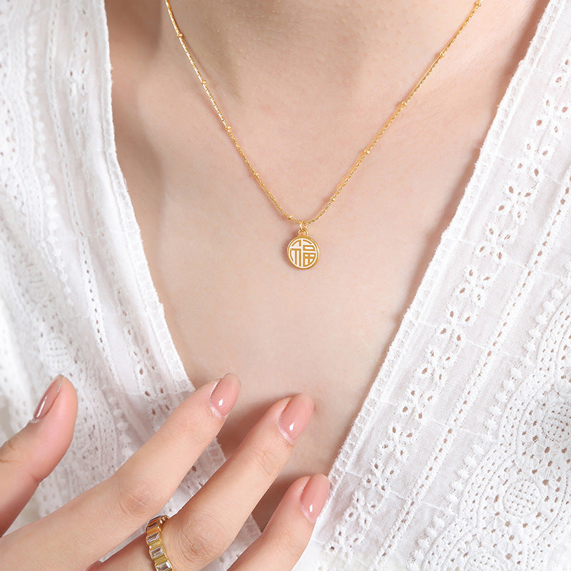 Festive Blessing Chinese Style Gold-Plated Necklace with Double-Sided Pendant