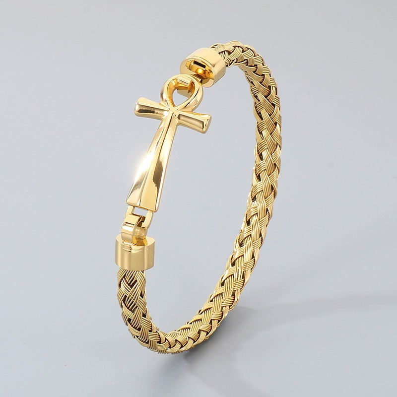 Stainless Steel Braided Wire Bracelet Ancient Egyptian Charm Of Life Anka Cross Men's