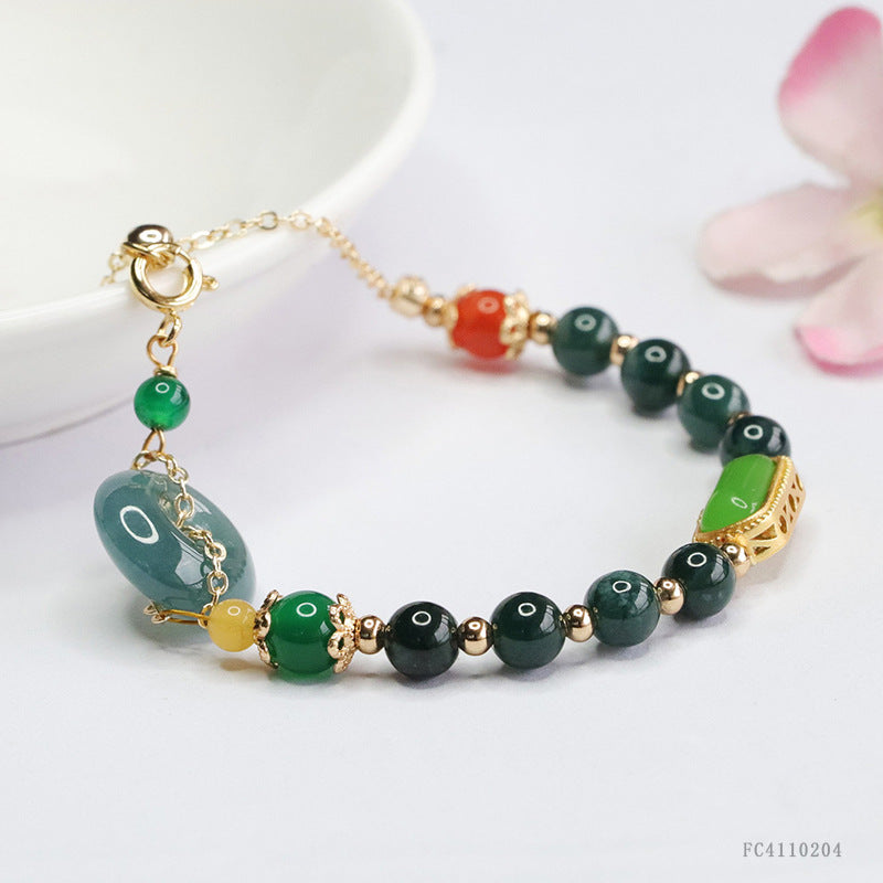 Blue Water Jadeite Peace Buckle & Round Bead 5~6 mm Bracelet