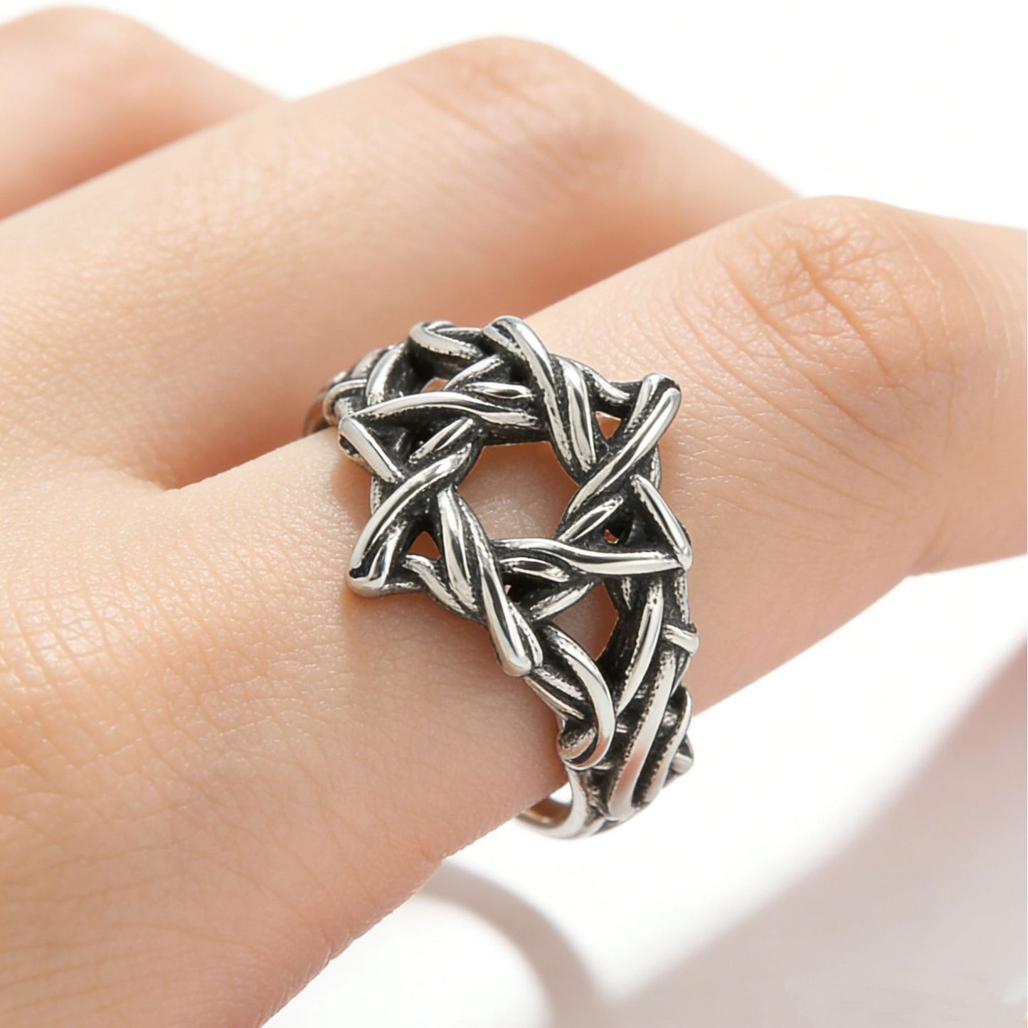 Planderful Titanium Steel Ring Unisex Hexagram Retro Woven Design Statement Of Protection