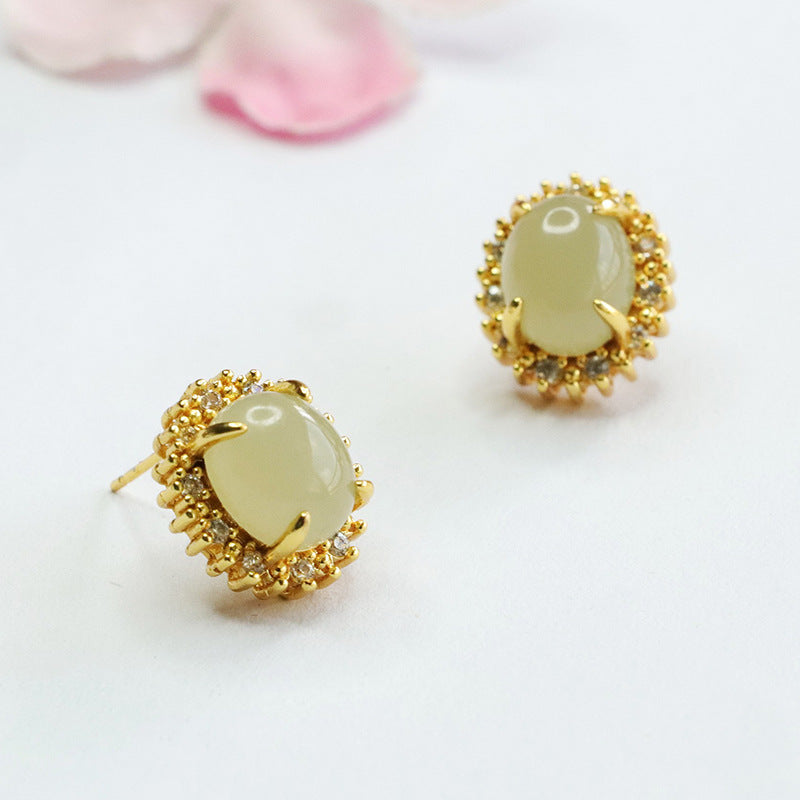 Natural Hotan Jade Oval Earrings for Women