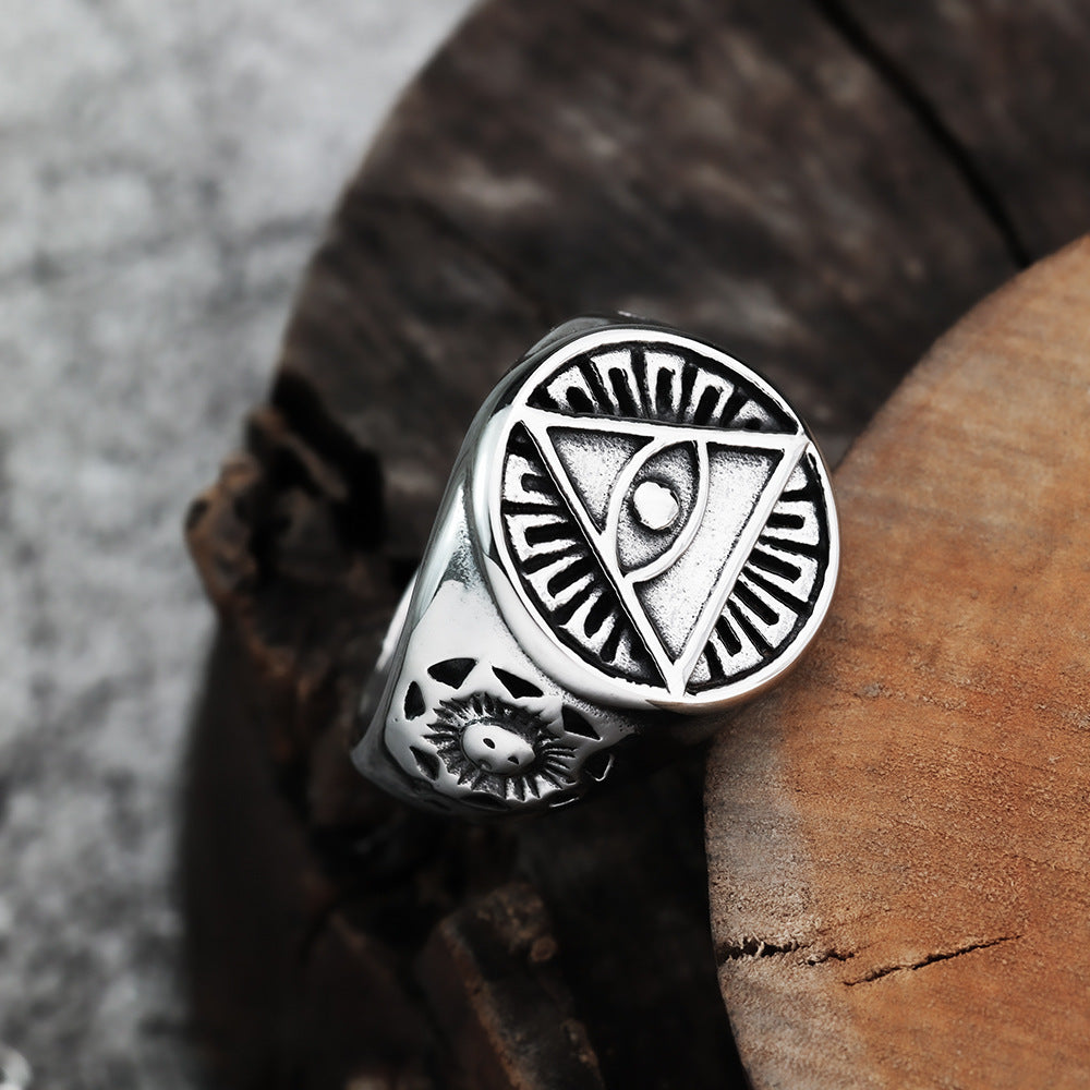 Planderful Masonic Ring For Men Premium Polished Titanium Steel With Eye Of God Sun Ray Motif