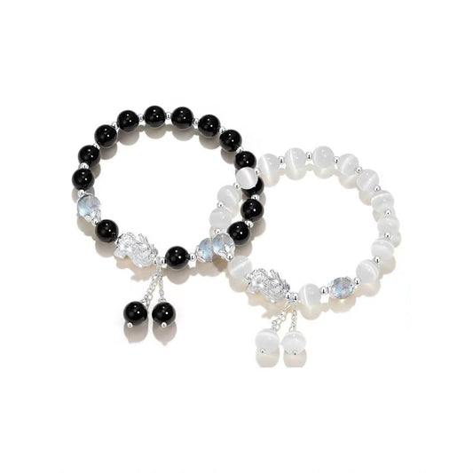 Natural Black Agate and Gray Moonlight Opal Couple Bracelets with Pixiu Fortune Charm