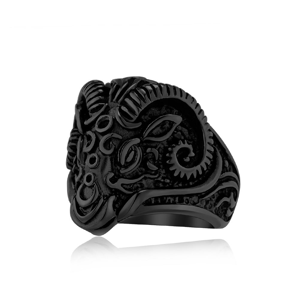 Cross-Border Retro Goat Head Titanium Steel Ring for Men