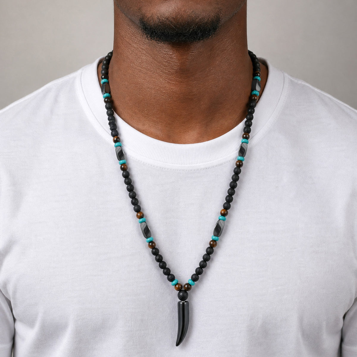 Men's Stainless Steel Volcanic Stone Tiger's Eye Stone Wolf Tooth Pendant Necklace Punk