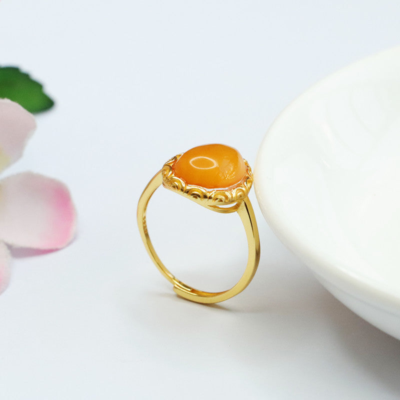 Silver Water Drop Amber Ring