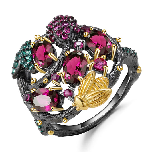 Secret Garden Design Colourful Natural Gemstones Silver Ring
