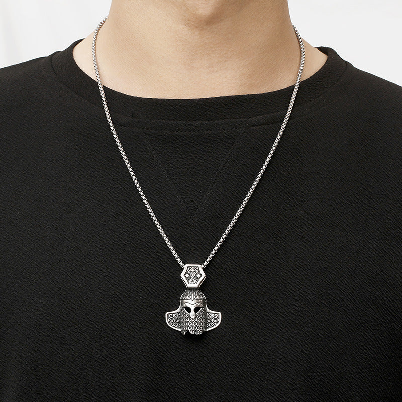 Nordic Viking Warrior Owl Helmet Pendant for Men in Titanium Steel