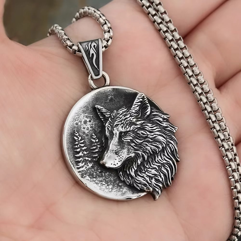 Planderful Viking Wolf Pendant Necklace Double Sided Titanium Steel For Men Norse Legacy Collection