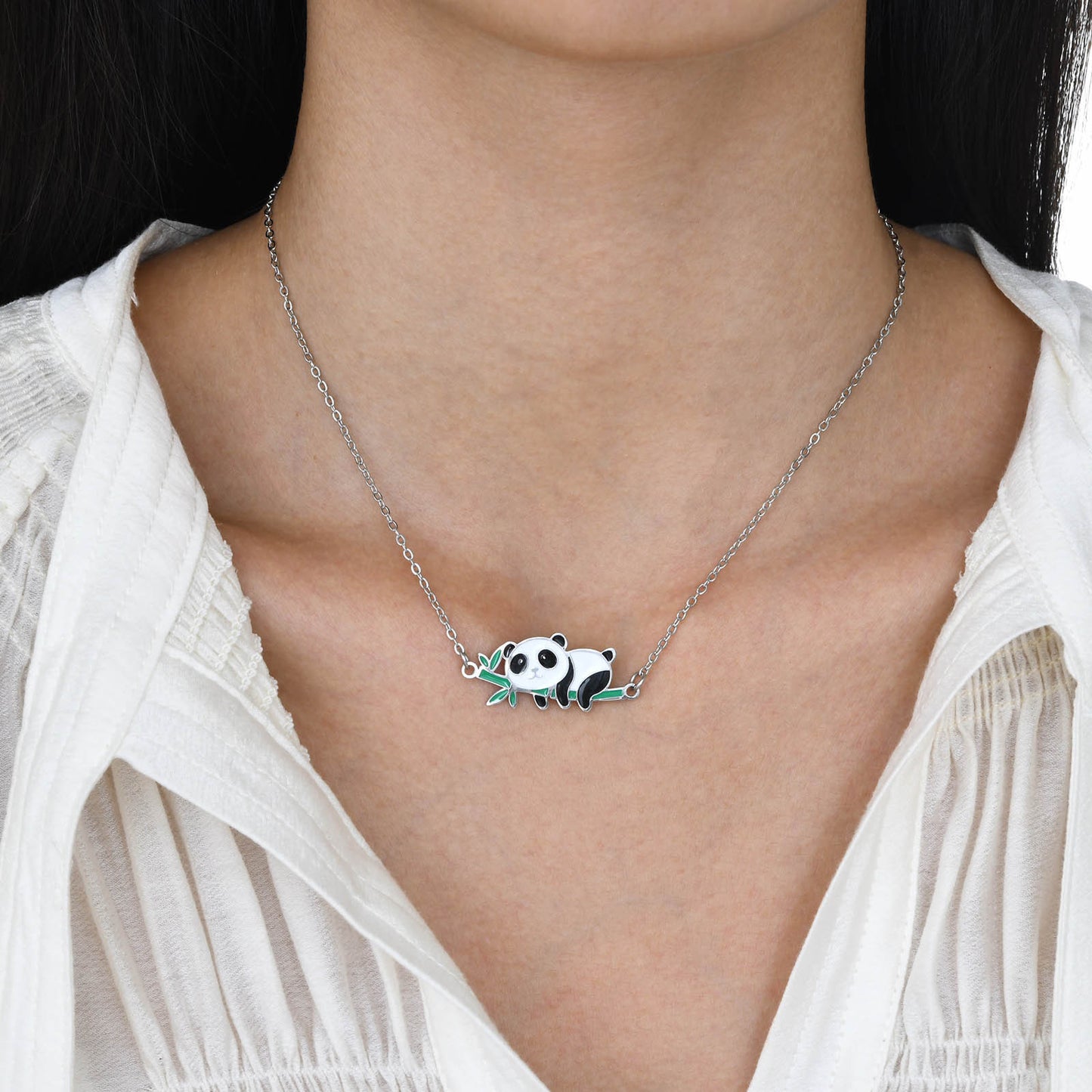 Stainless Steel All-Light Flat Cross Chain Panda Bamboo Necklace