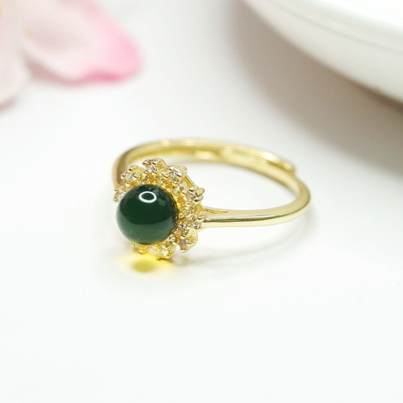 Blue Amber Flower Ring with Zircon Beads for Women's Jewelry