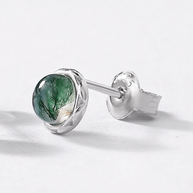 S925 Sterling Silver Moss Agate Minimalist Stud Earrings