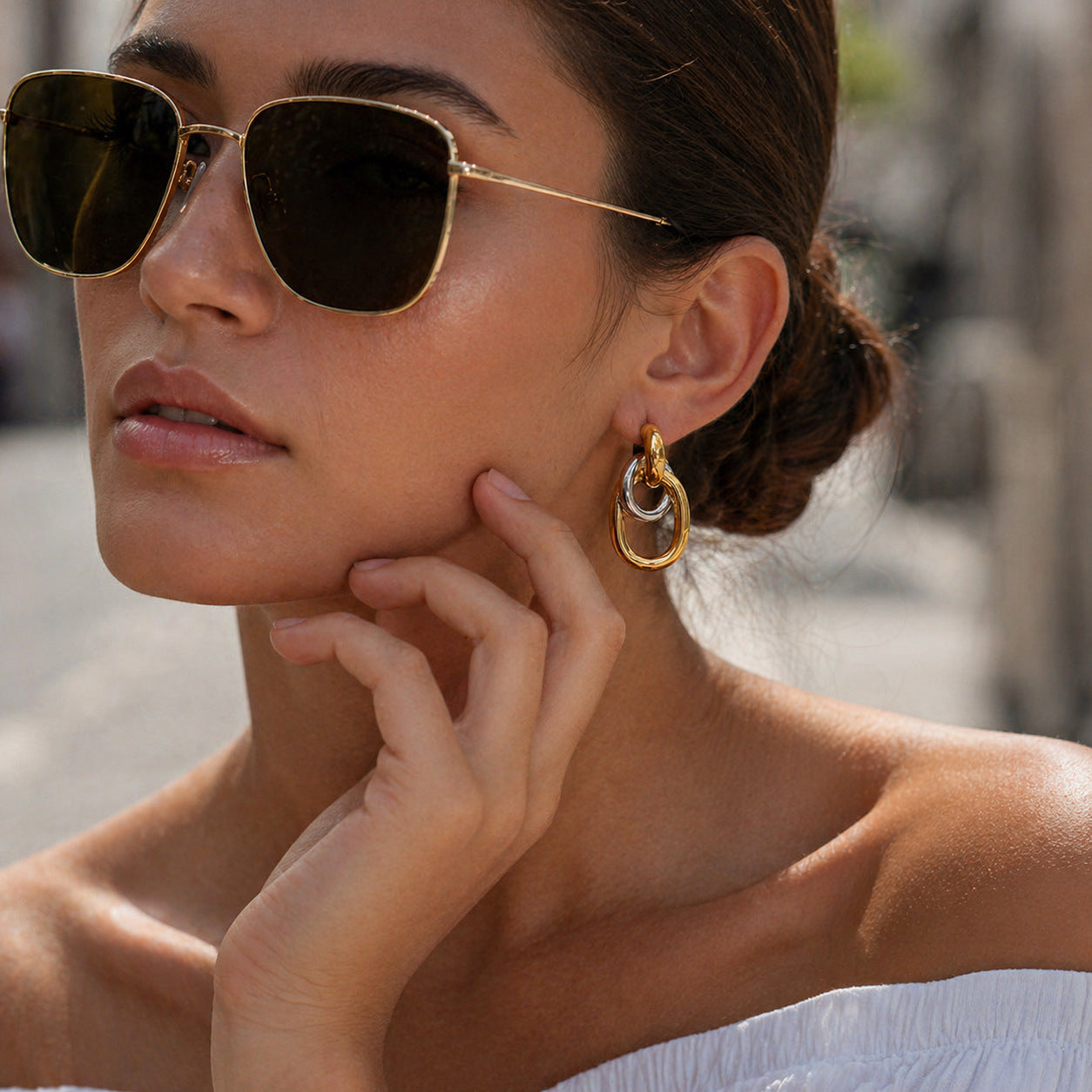 Planderful Stainless Steel Double Ring Earrings Color Block Geometric Versatile Statement For Women