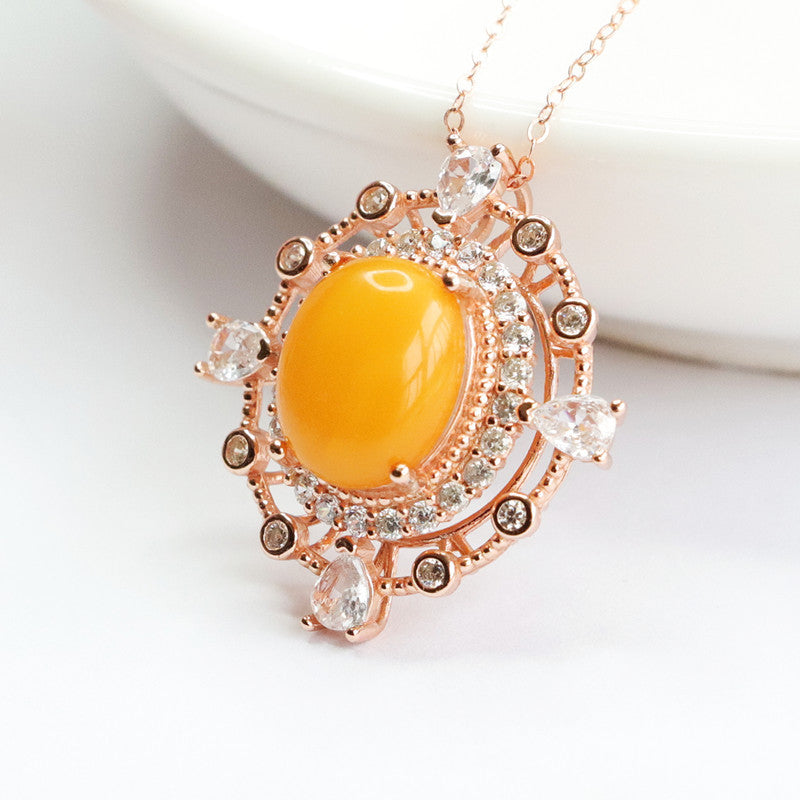 Hollow Rose Gold Necklace with Beeswax Amber Pendant and Zircon Detail on Sterling Silver Chain