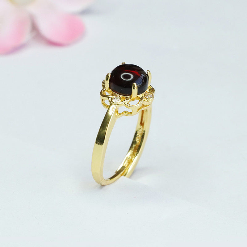 Retro Style Natural Round Beeswax Amber Zircon Flower Ring