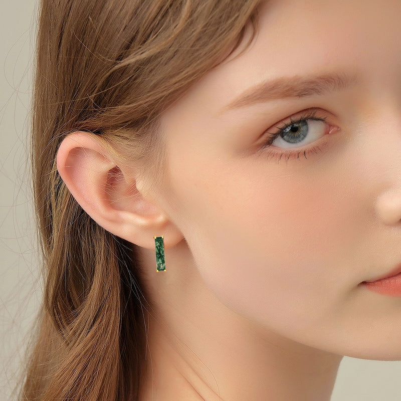 Planderful Everyday Genie Earrings – Simple and Fashionable Green Moss Silver-plated Agate with Aquatic Plants