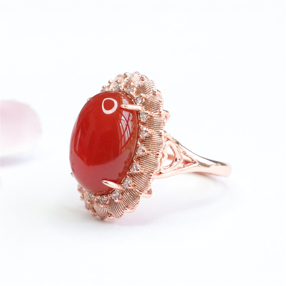 Red Agate Flower Halo Ring with Zircon Jewelry