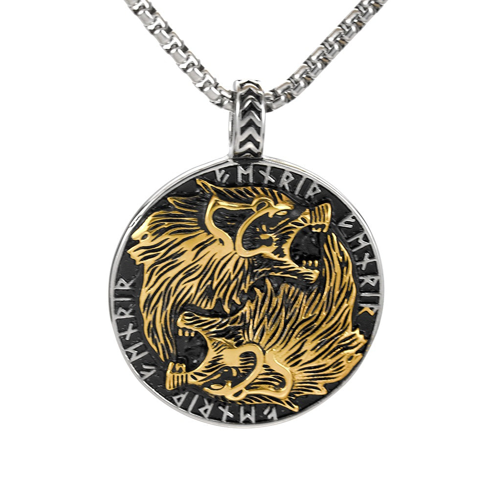 European and American Jewelry Wholesale Titanium Steel Men's Pendant Necklace with Double Wolf Head Design