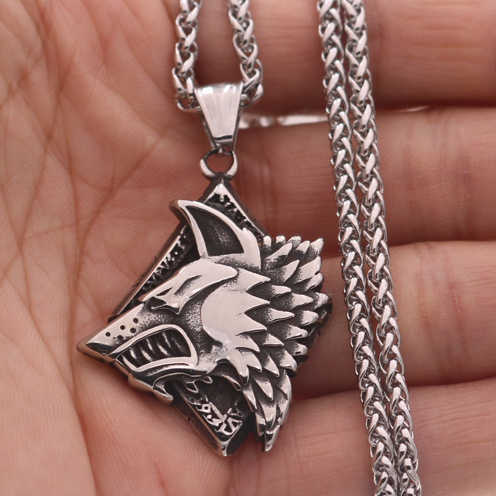 Viking Odin Wolf Head Stainless Steel Pendant Necklace with Titanium Steel Chain