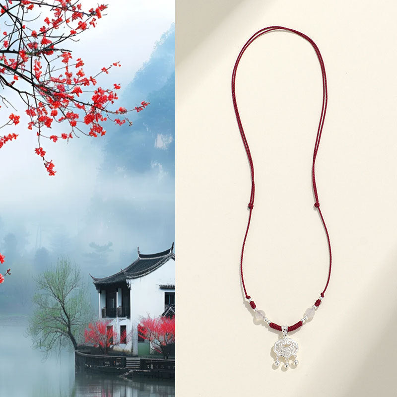 999 Silver Agate Red Cord Necklace