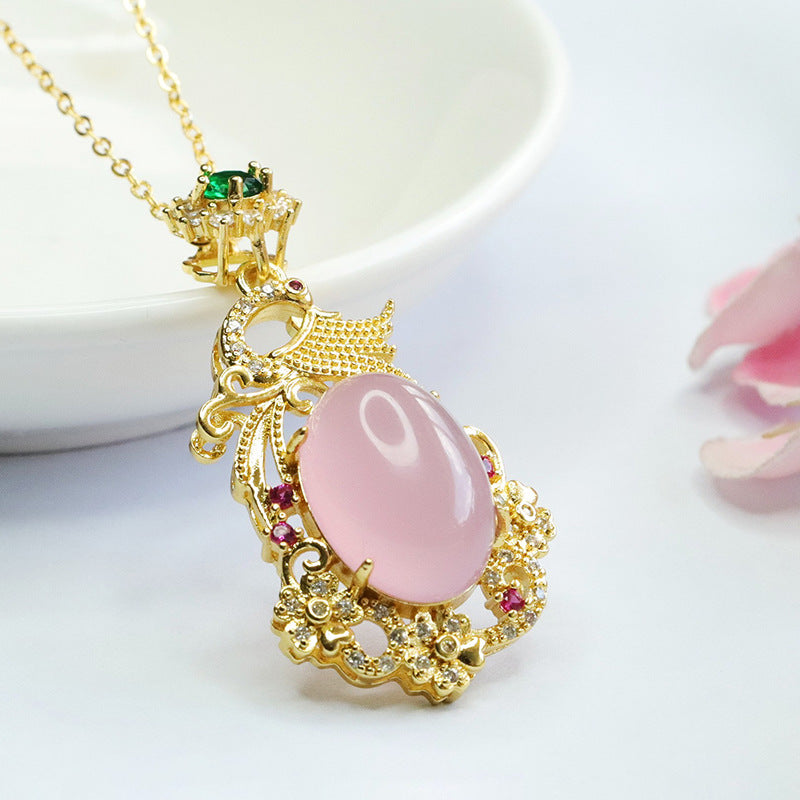 Phoenix Pendant Necklace with Pigeon Egg Pink Chalcedony and Zircon