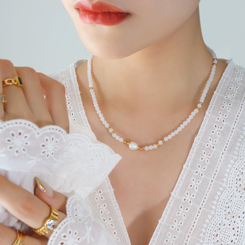 French Titanium Steel Necklace with Freshwater Pearl and Glass Stone Beads