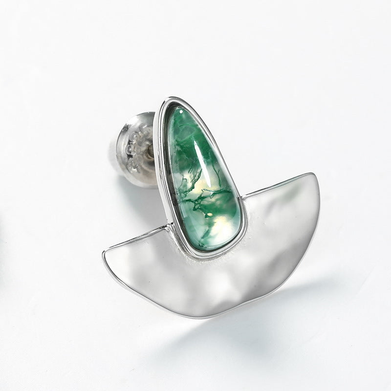 S925 Sterling Silver Moss Agate Minimalist Stud Earrings