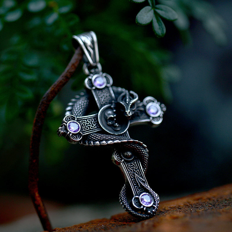Titanium Steel Retro Cross Dragon Pendant for Men - Foreign Trade Inlaid Stone Jewelry