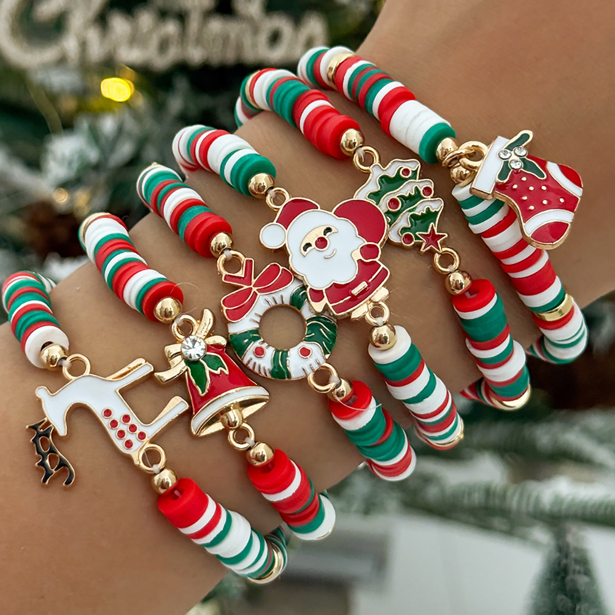 Santa Claus Beaded Bracelet Set With Stacked Letter Beads By Planderful Collection Festive Jewelry For Holiday Shoppers