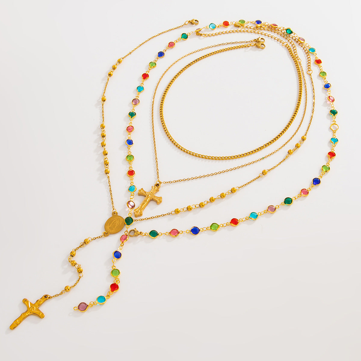 Vintage Cross & Crystal-Style Layered Necklace