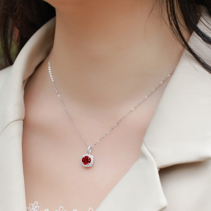 S925 Sterling Silver Lab-Grown Ruby Geometric Pendant Necklace