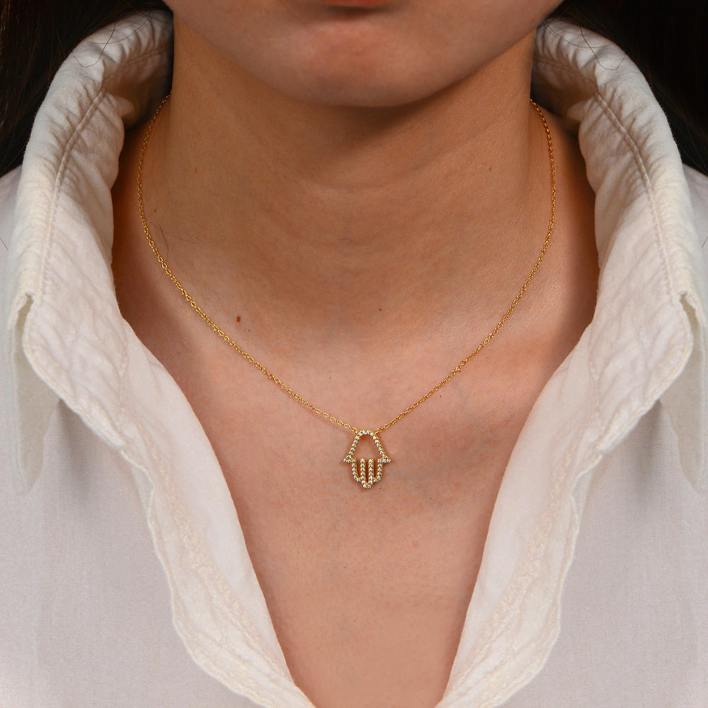 Planderful S925 Sterling Silver Zircon Palm Necklace for Women Hollow Out Pendant High End Collarbone Chain