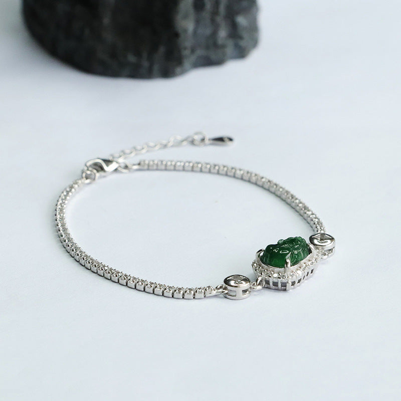 Sterling Silver Pixiu Bracelet with Natural Jade Inlay