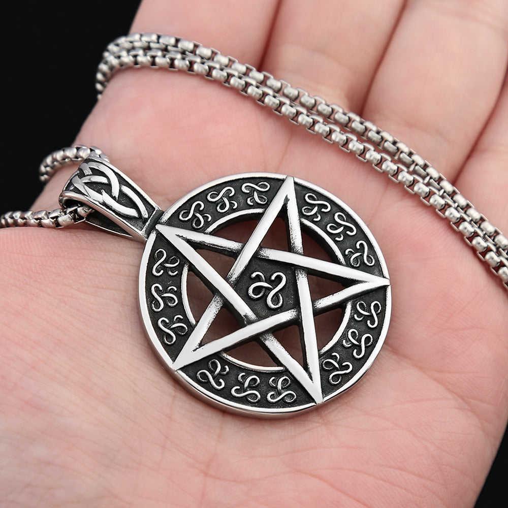 Titanium Steel Men's Trend Necklace Round Pentagram Pendant