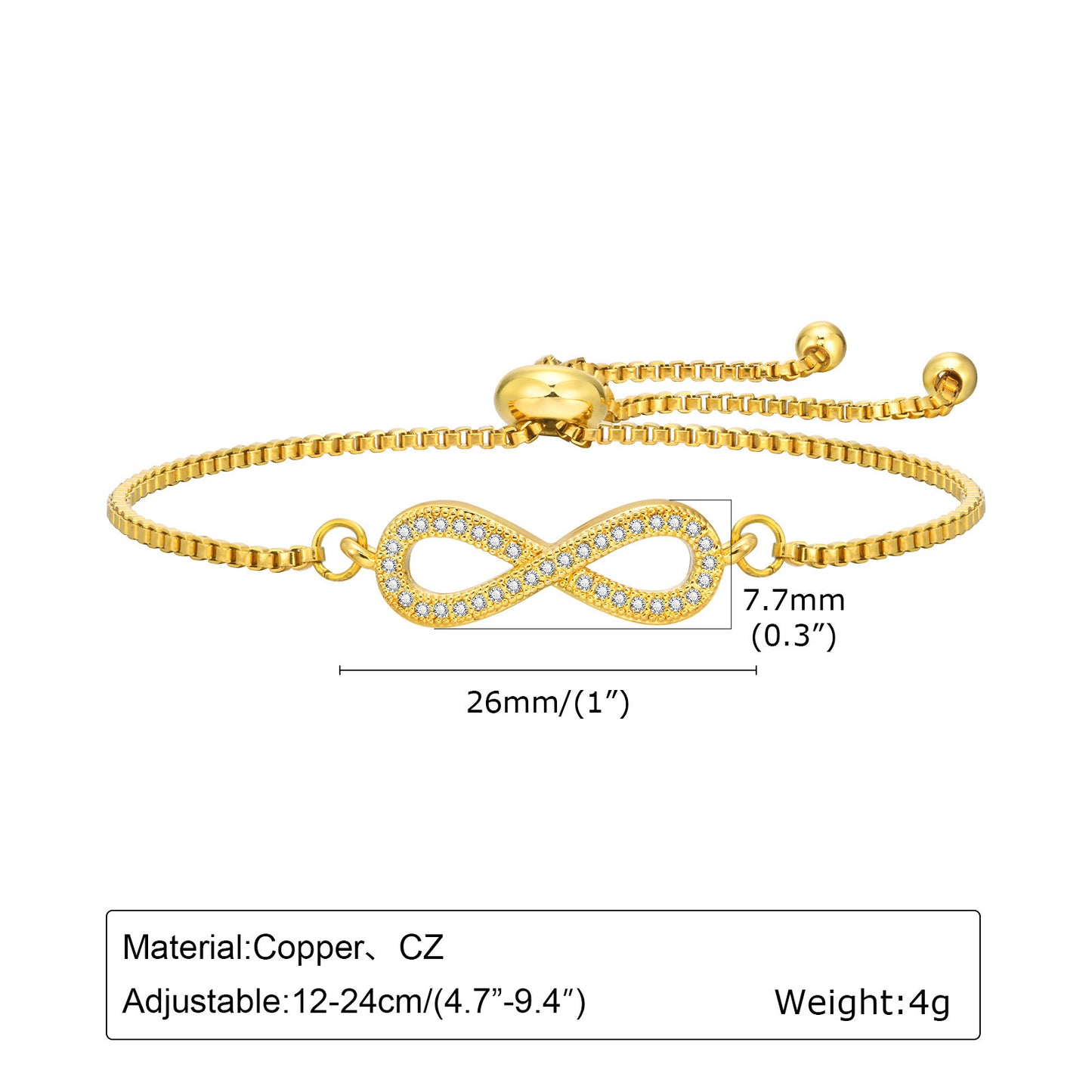 Adjustable Infinity Chain Double Circle Zircon 18K Color Bracelet Women's Fashion Personality