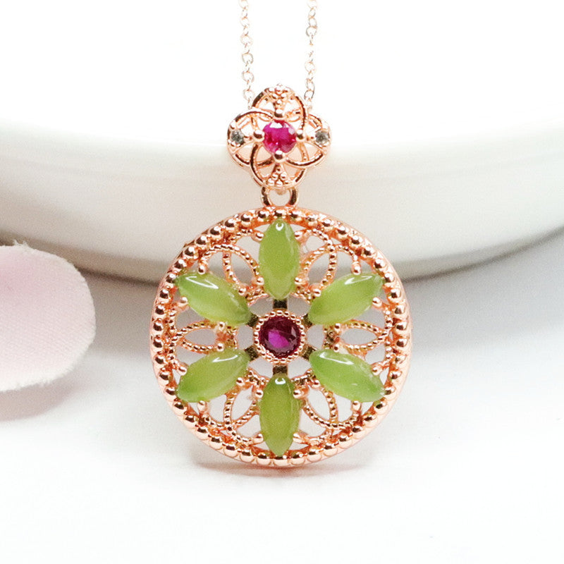 Jade Hollow Flower Necklace with Marquise Circle Design