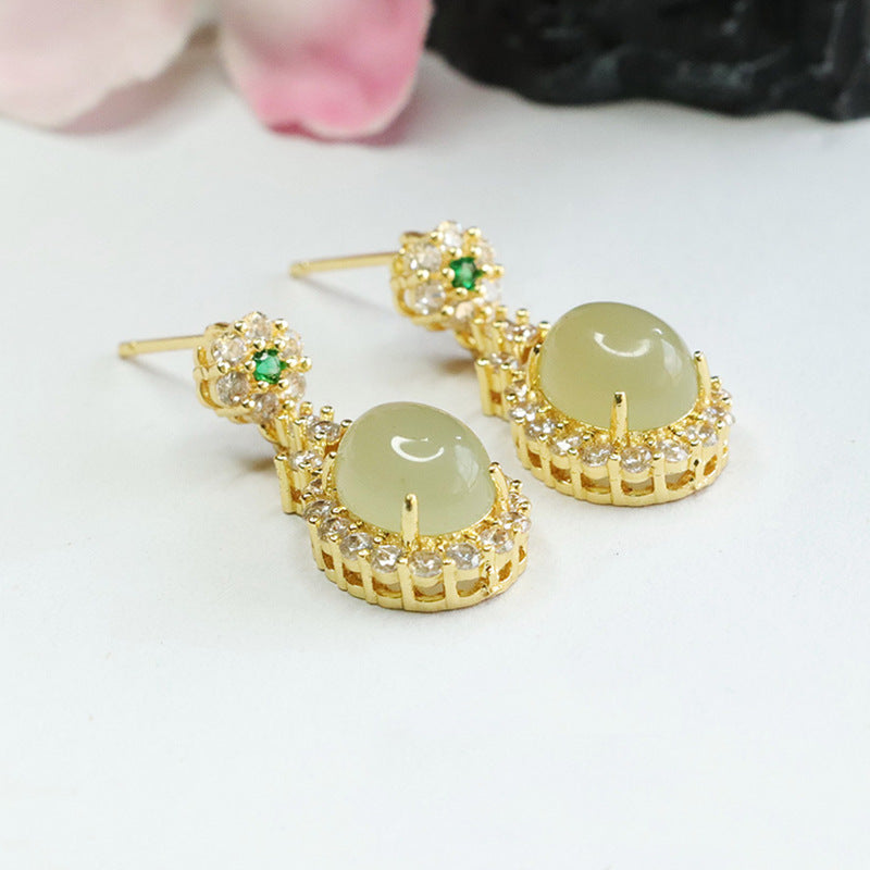 Natural Hotan Jade Earrings Oval Jade Zircon Earrings Jewelry