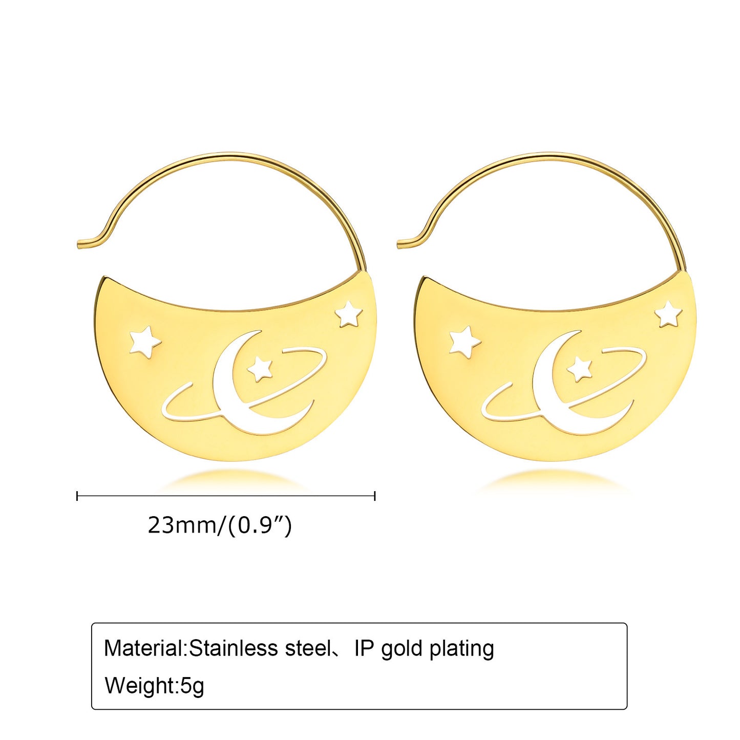 Stainless Steel Hollow Sun Star Moon Earrings Gold Jewelry