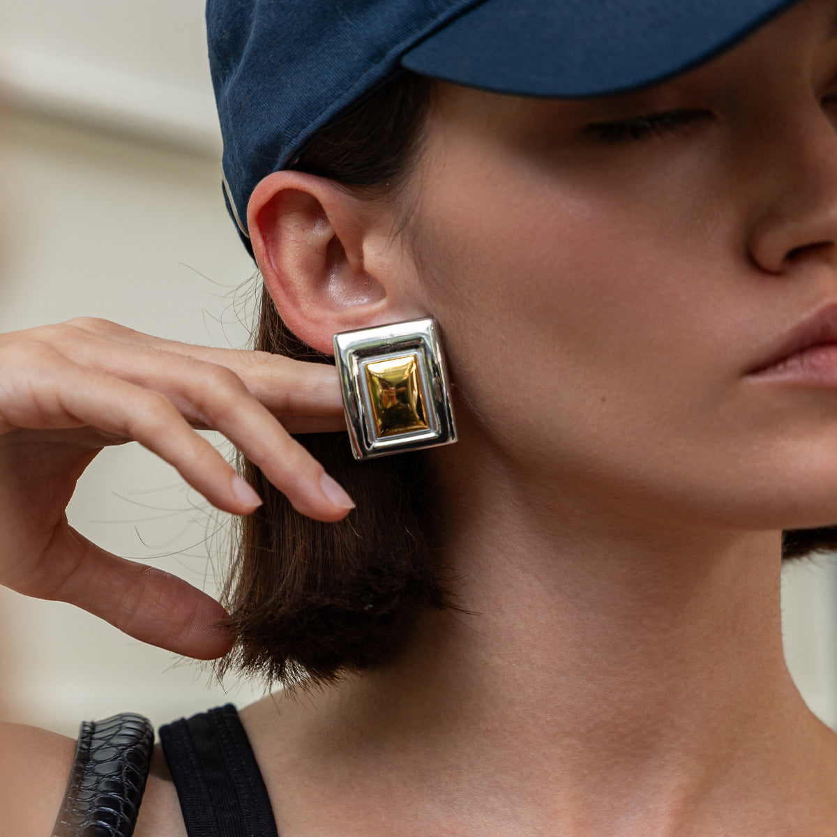 Planderful Vienna Verve Two Tone Stainless Steel Earrings Minimalist Square Statement Unisex Everyday Wear