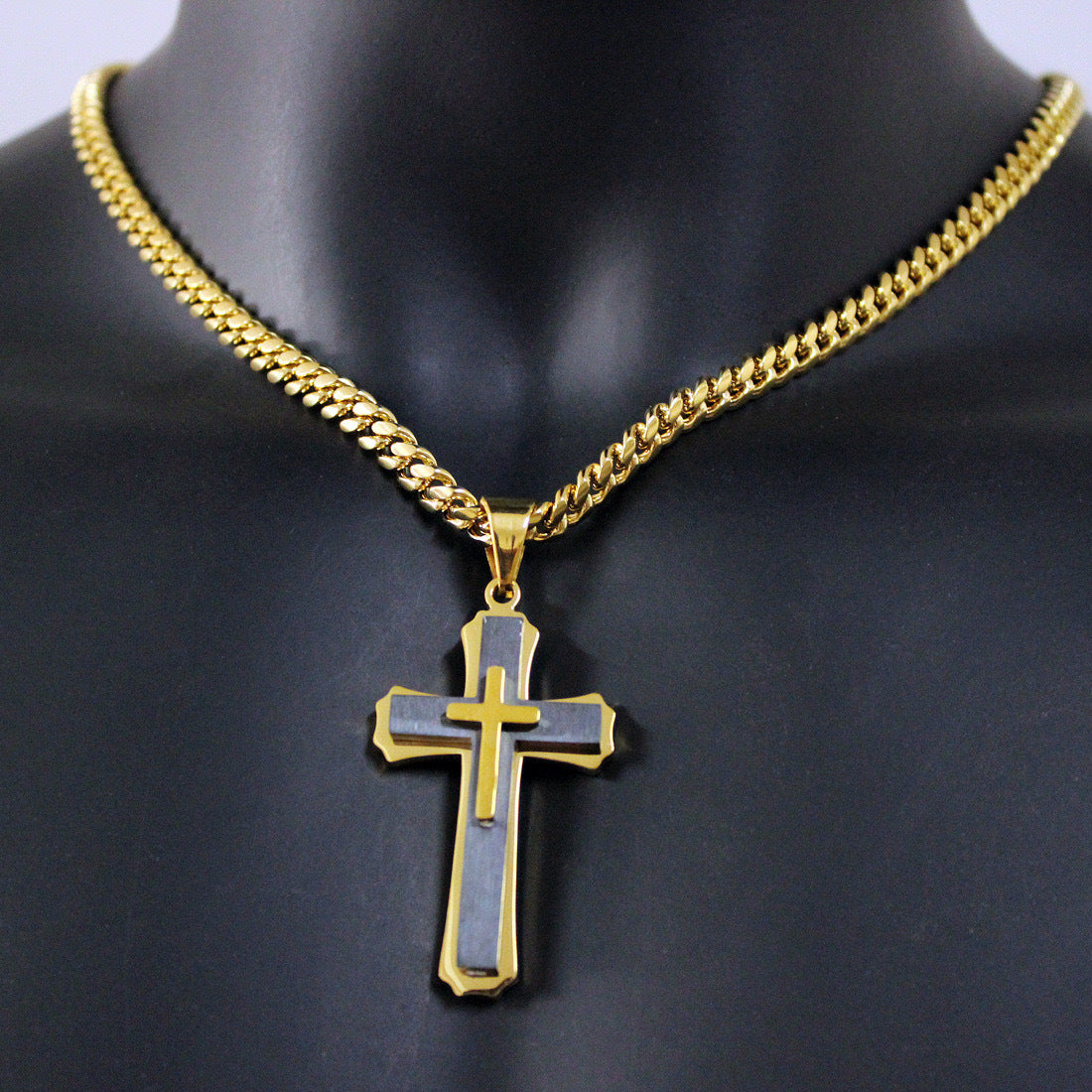 Planderful Three Layer Cross Pendant Necklace Stainless Steel Cuban Chain Unisex Gift