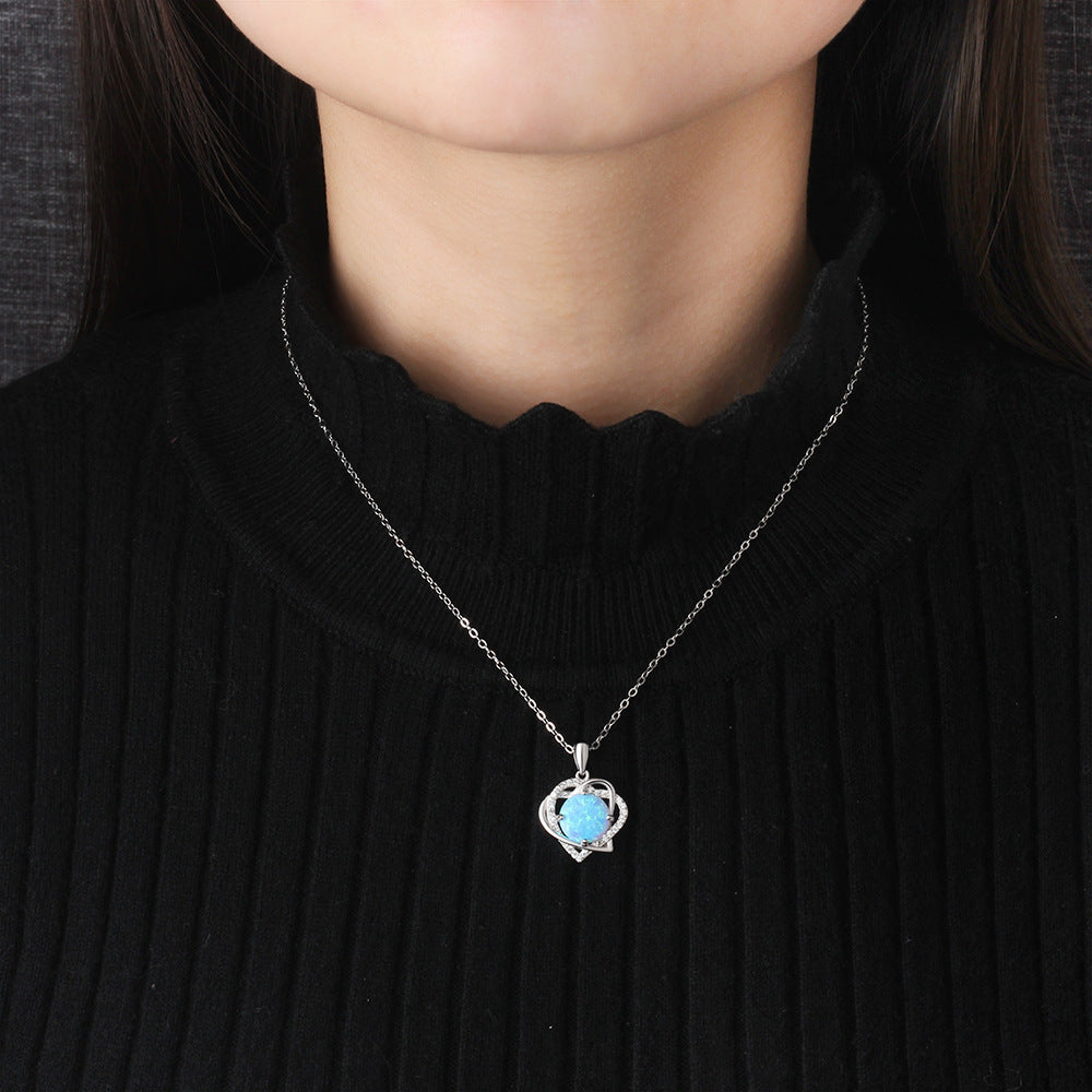 Planderful Jewelry Blue Opal Double Heart Sterling Silver Necklace Pendant with Zircon Accent
