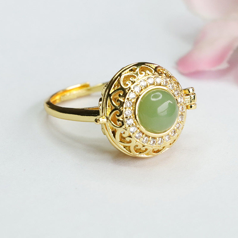 Round Hetian Jade and Jasper Sterling Silver Adjustable Finger Ring