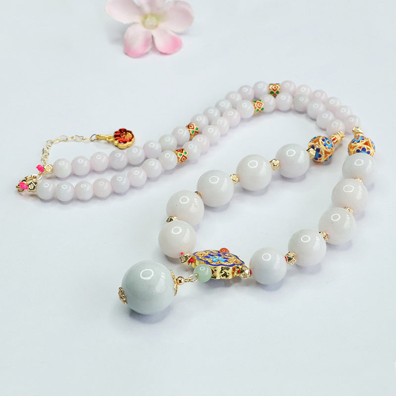 Natural Myanmar Jade Necklace Round Bead Colourful Enamel Palace Style Sweater Chain
