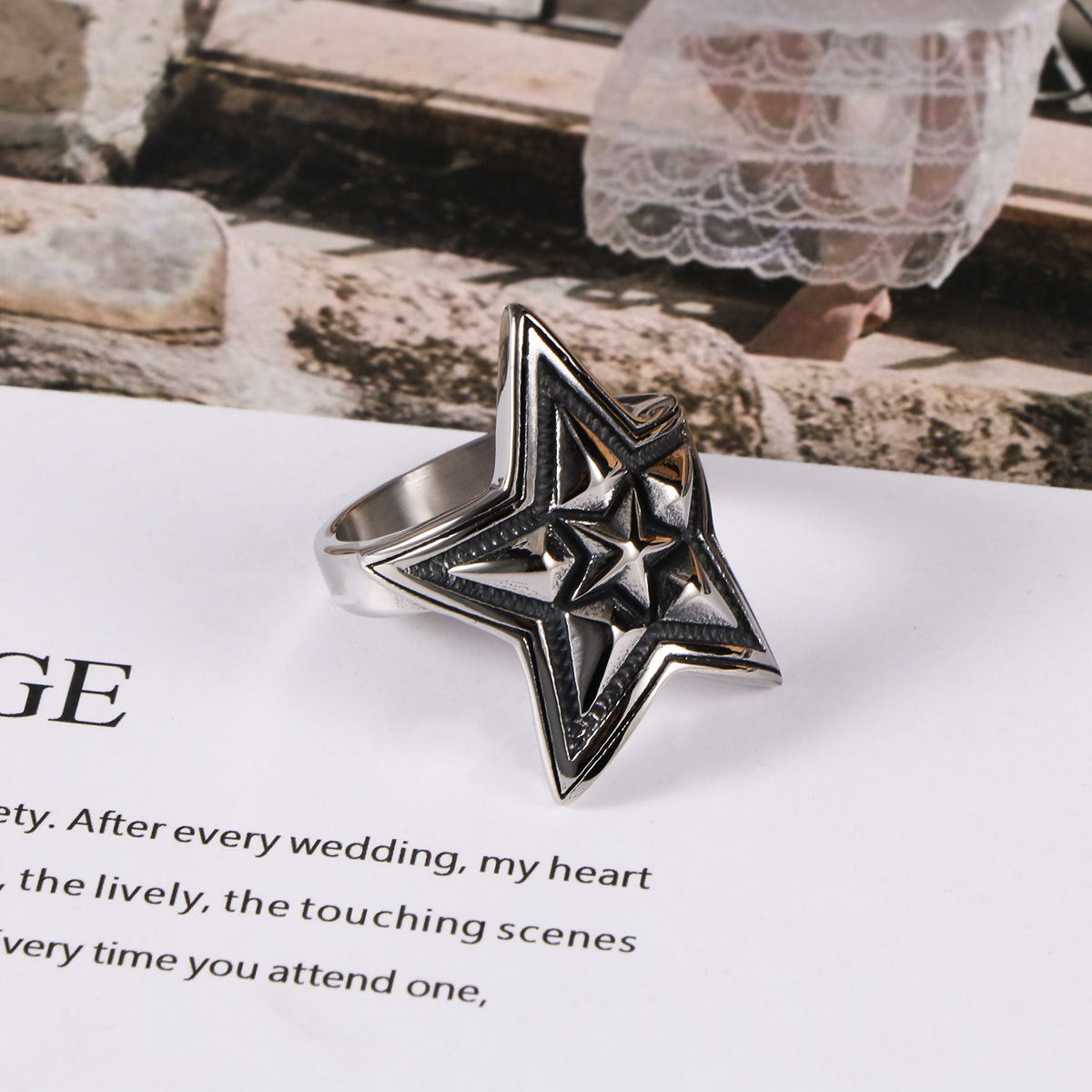 Punk Retro Titanium Steel Ring Mens Pentagram Rock Ring