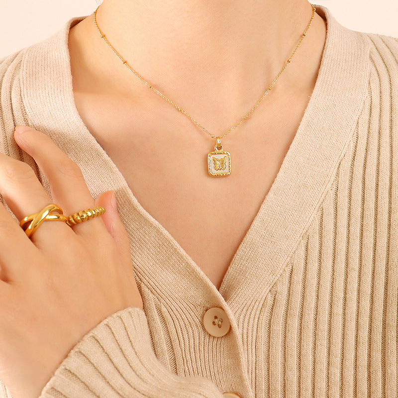 Korean Butterfly White Seashell Pendant Necklace - Gold Plated Clavicle Necklace