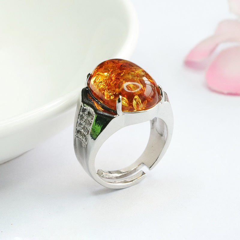 Ethnic Style Sterling Silver Beeswax Amber Ring with Adjustable Opening