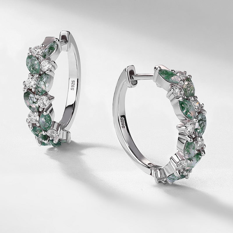 S925 Sterling Silver Moss Agate Marquise Stud Earrings