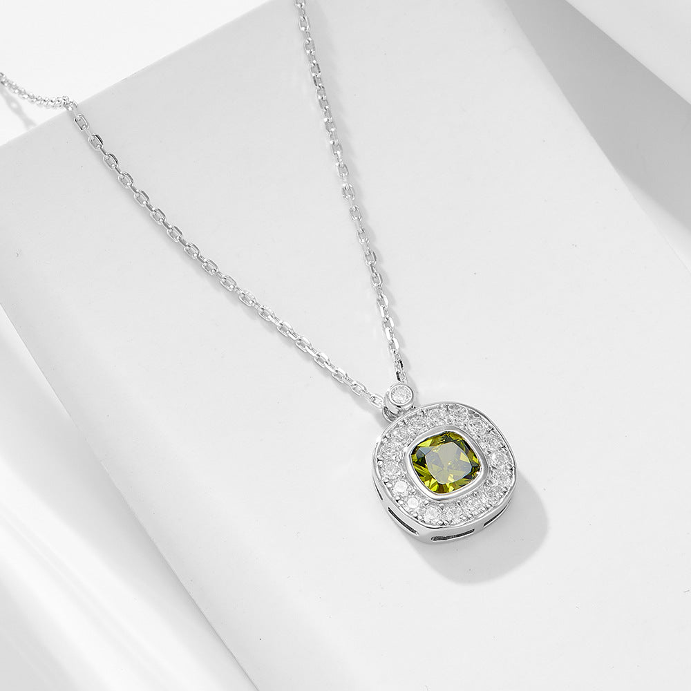 S925 Sterling Silver Square Zircon Pendant Necklace Olivine High Sense
