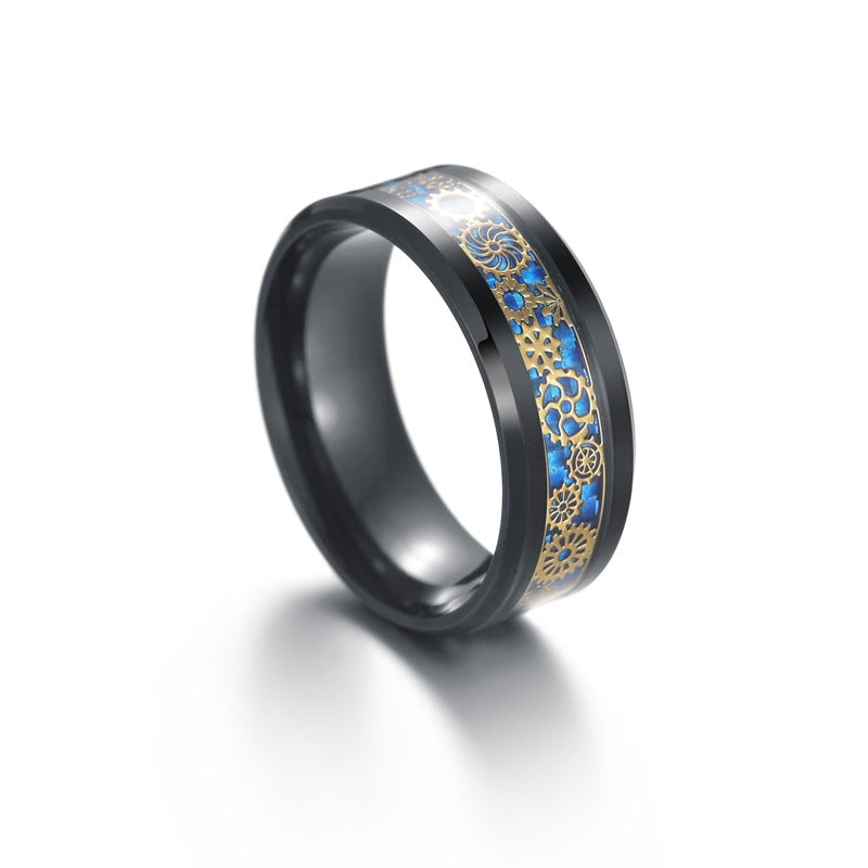 gear ring jewelry 8MM Titanium Steel Gear Ring with Black Plated Carbon Fiber Detail