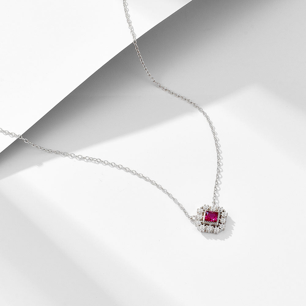 Soleste Halo Princess Cut Red Zircon Pendant Silver Necklace